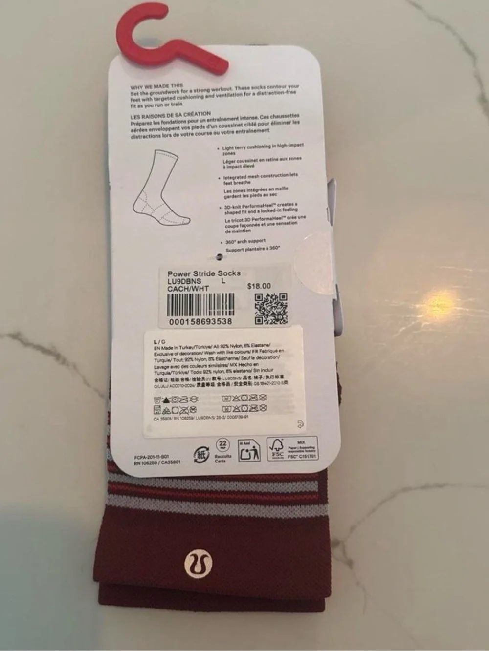 lululemon athletica Power Stride Crew Socks - Burgundy/Red Stripe LARGE